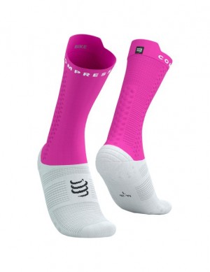 Calcetines Compressport Pro Carreras Socks v4.0 Bike Unisex Blancos Rosas | JYSCV5439