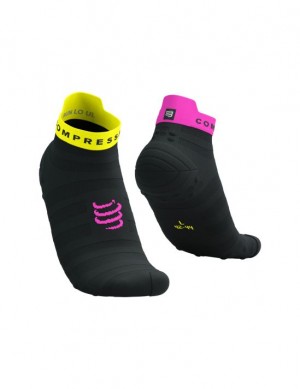 Calcetines Para Correr Compressport Pro Carreras Socks v4.0 Ultralight Run Low Hombre Negros Amarillos Rosas | FNXBZ6794