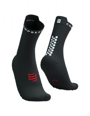Calcetines Para Correr Compressport Pro Carreras Socks v4.0 Run High Hombre Negros Blancos | HIDAK1769