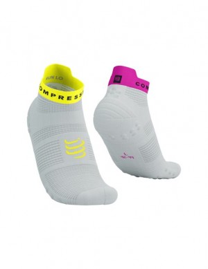 Calcetines Para Correr Compressport Pro Carreras Socks v4.0 Run Low Hombre Blancos Amarillos Rosas | MCFGA3192