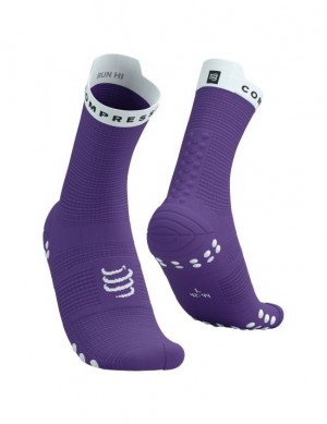 Calcetines Para Correr Compressport Pro Carreras Socks v4.0 Run High Hombre Morados Blancos | NROGS4582