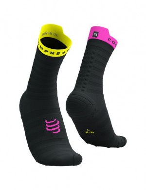 Calcetines Para Correr Compressport Pro Carreras Socks v4.0 Ultralight Run High Hombre Negros Amarillos Rosas | SIGUM2914