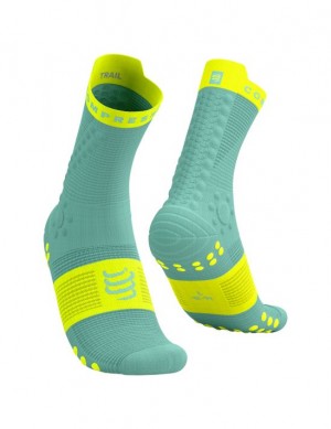 Calcetines Para Correr Compressport Pro Carreras Socks v4.0 Trail Hombre Azules Amarillos | UJIWN5083
