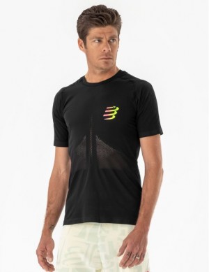 Camiseta Compressport Carreras SS Tshirt M Unisex Negros Amarillos | TYZUW2043