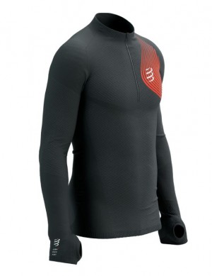 Camiseta Compressport Invierno Trail Postural LS Top M Unisex Negros Rojos | EBGNX4370